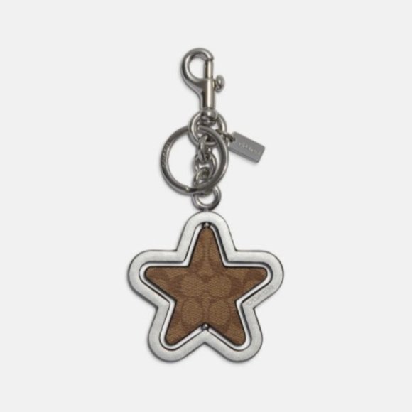 Coach Leather Spinning Star Bag Charm In Signature Canvas Silver Mirror Keychain - Picture 1 of 5